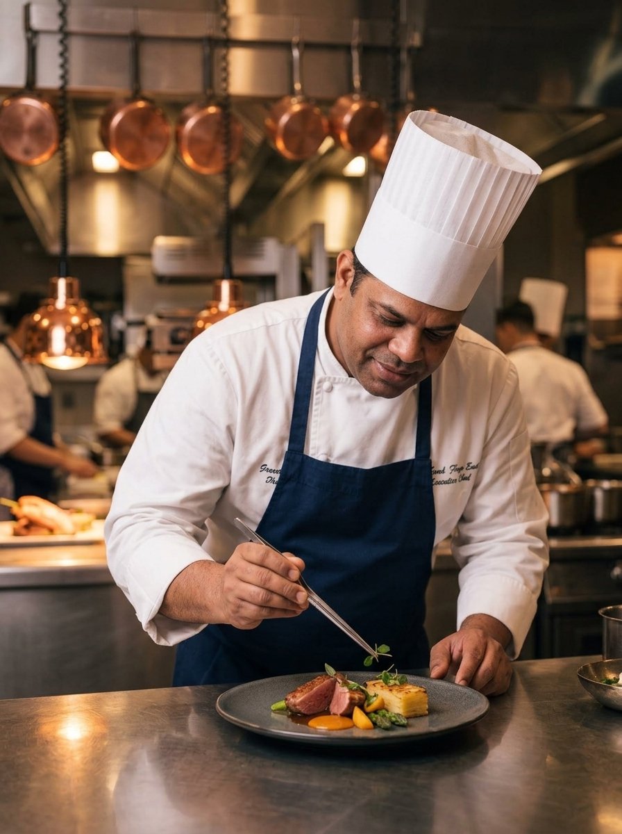 Executive Chef Sanjay Raghav placing finishing touches on a gourmet fine dining dish
