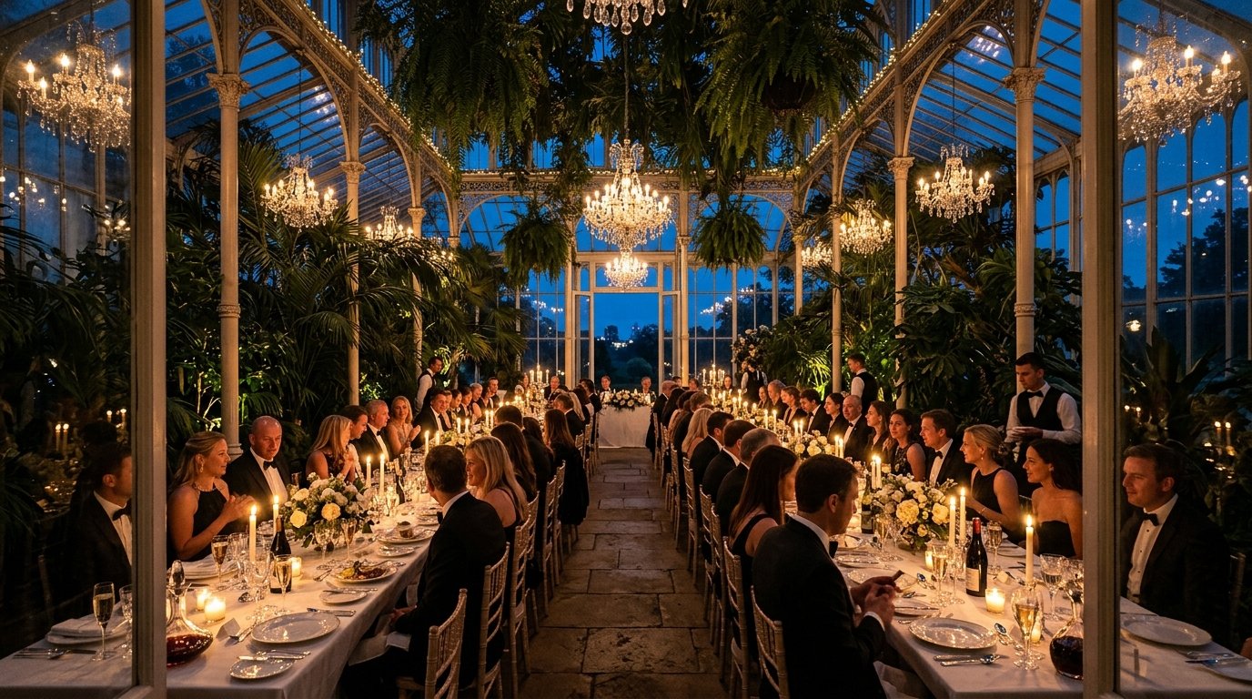 A wide shot of an elegant, dimly lit private dining room in a historic building. A round table in the foreground is exquisitely set with pristine white linen, fine china with gold rims, gleaming crystal glassware, and gold cutlery. A lush, sophisticated floral arrangement of muted roses and dried botanicals serves as the centerpiece, illuminated by tall, slender taper candles casting a warm glow. In the softly blurred background, guests are seated at other tables, and a large arched window lets in muted natural light, enhancing the Elysian, 'quiet luxury' atmosphere.